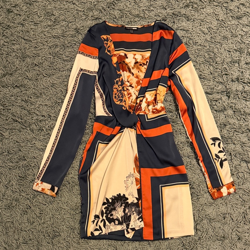 Fashion Nova Lotta Class Navy and Orange Long Sleeve Dress| Size Small - Picture 1 of 12